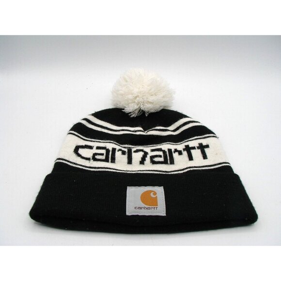 Carhartt Black White Knit Beanie Hat Striped Pom Pom Cuffed Logo One Size Unisex - Picture 1 of 10